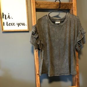 LIKE NEW-Distressed Crop Top w/ Ruffle Sleeve